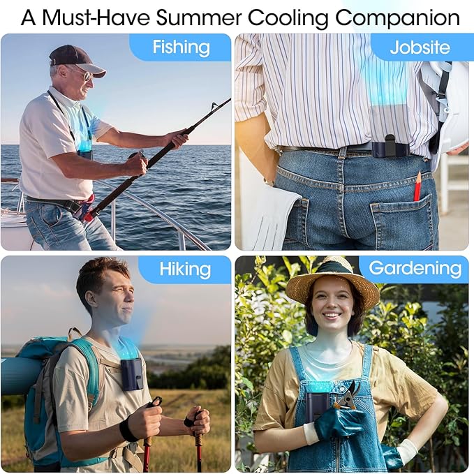 Heelkl 2026 AI Portable Fan Rechargeable, 4 Speeds 6600RPM Strong Airflow, Personal Waist Fan with up to 25H of Working Time, Hanging Neck Fan, Wearable Belt Fan for Camping, Outdoor, Jobsite - Blue