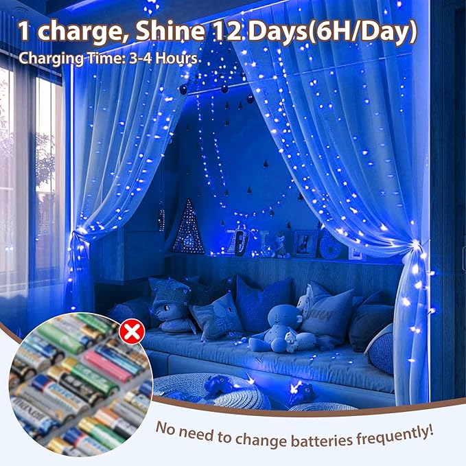 HXWEIYE Rechargeable Fairy Lights with Remote & DIY Timer, 33ft 100LED Battery Operated Twinkle String Lights, 8 Modes Decor Light for Bedroom Indoor Wedding Dorm Christmas Tree Party (Blue)