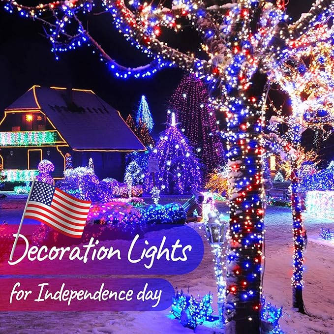 4th of July Decoration Patriotic Mini Lights - 200 Count 40 Feet Red White Blue Incandescent Bulb Waterproof String Lights Plug in for Indoor Outdoor Christmas Party Patio Independence Day Decoration