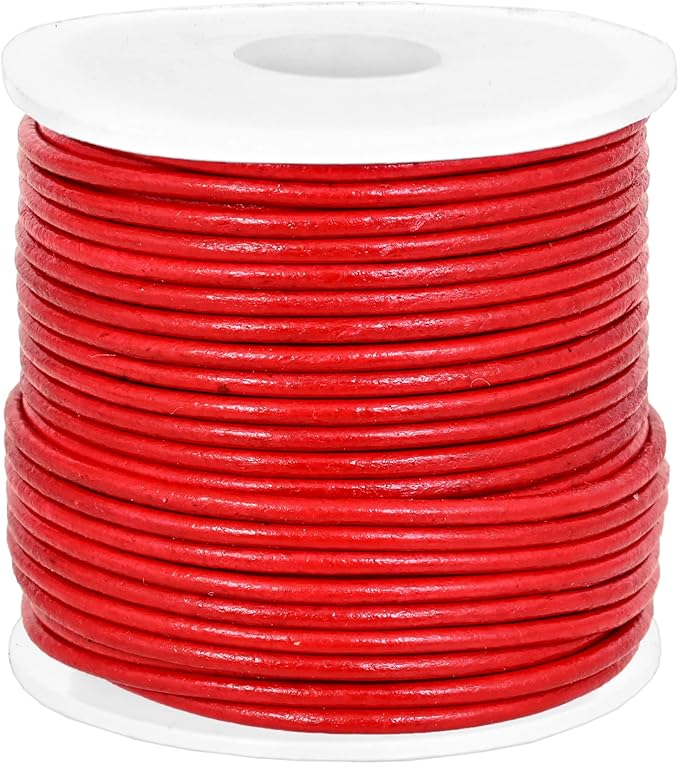 GENIQUE Real/Genuine Round Leather String Cord for Necklace, Bracelets, Jewelry, Kumihimo Braiding, DIY Projects (20 Metres) (1.5mm, Red)