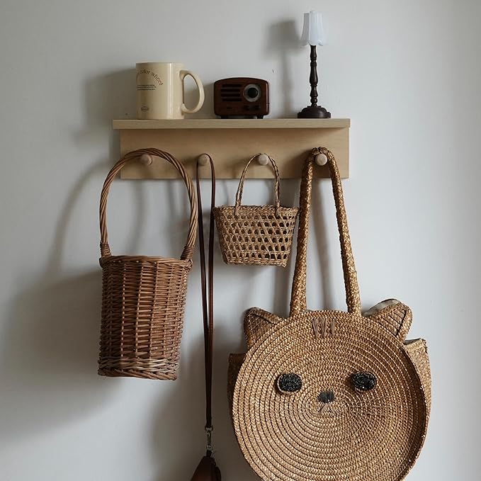 Entrance Coat Rack ，Coat Hooks, Wall-Mounted Wooden Hook Rack, Wall-Mounted Shelves(Birch Color Finish—A-1)