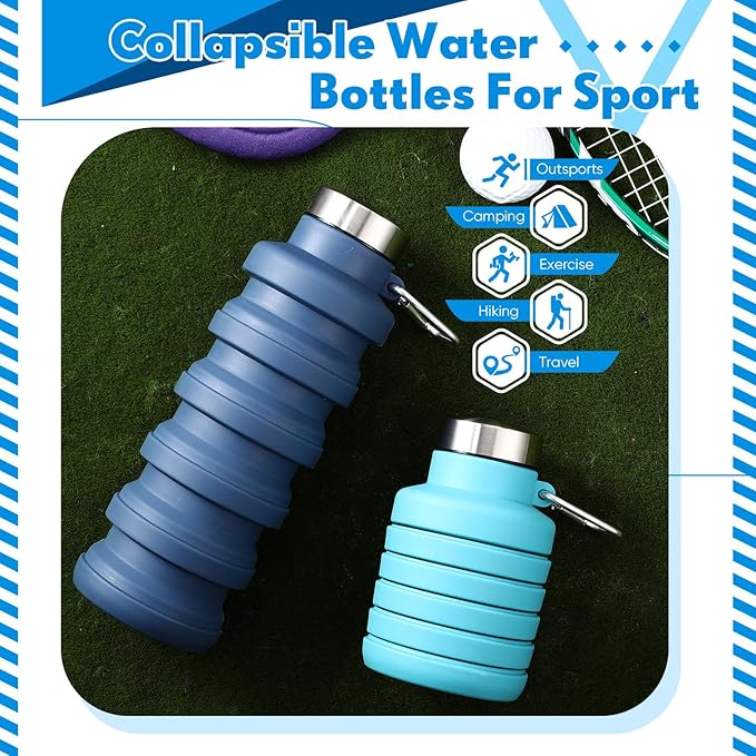 Baderke 2 Pcs Collapsible Water Bottles 17oz Silicone Travel Foldable Portable Water Bottle with Buckle Silicone Lightweight Reusable Leakproof for Camping Hiking Cycling Sport(Navy Blue,Blue)