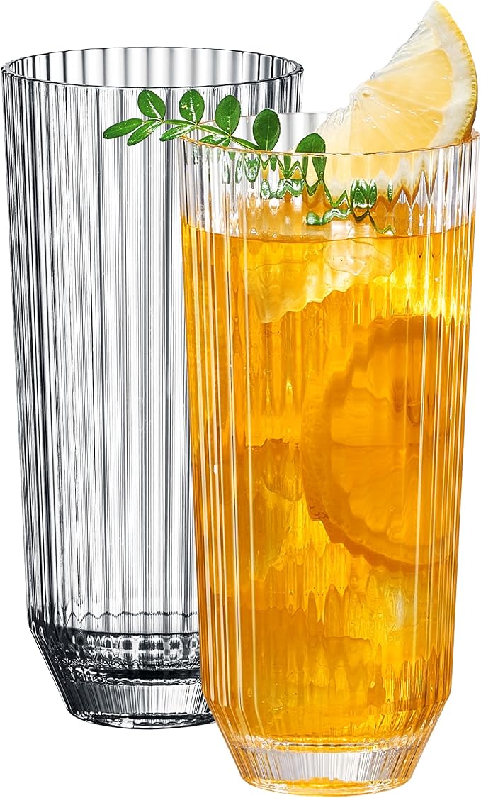 Khen Plastic Acrylic Ribbed Drinking Glasses – Set of 2 Clear 11.8oz Tritan Tumblers, European Style Shatterproof Drinkware – Durable, BPA-Free, Dishwasher Safe, Stackable & Unbreakable Plastic Cups