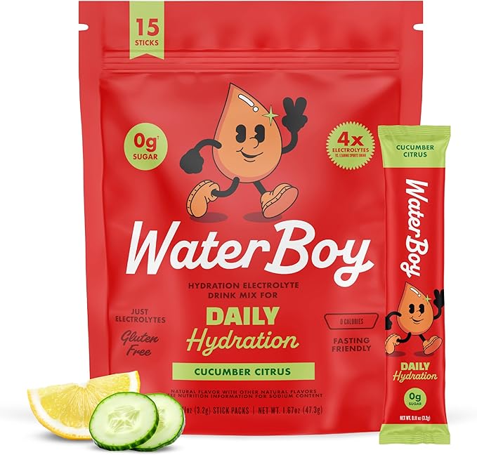 Waterboy Daily Hydration | 1,570mg Electrolyte Powder Packets | No Sugar, All Natural, Gluten Free, Zero Calories | 15 Drink Stick Mixes (Cucumber Citrus)