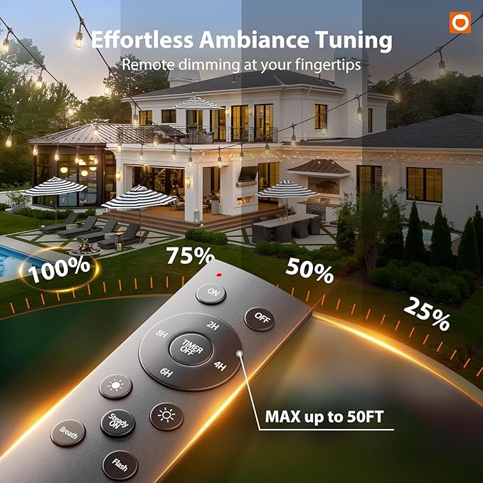 addlon 100FT Outdoor String Lights LED with Remote Dimmable Patio Lights Waterproof Shatterproof with 50 Edison Bulbs for Outside Backyard Porch Garden Bistro Pergola Party Decor, Warm Lighting