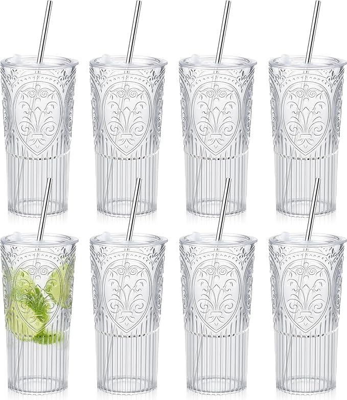 8 Set 20oz Vintage Plastic Tumbler with Lids and Straws Ribbed Floral Drinking Glasses Reusable Iced Coffee Cups for Water Juice Smoothie Cocktail Travel Party Events Gift (Clear)