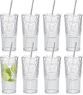 8 Set 20oz Vintage Plastic Tumbler with Lids and Straws Ribbed Floral Drinking Glasses Reusable Iced Coffee Cups for Water Juice Smoothie Cocktail Travel Party Events Gift (Clear)