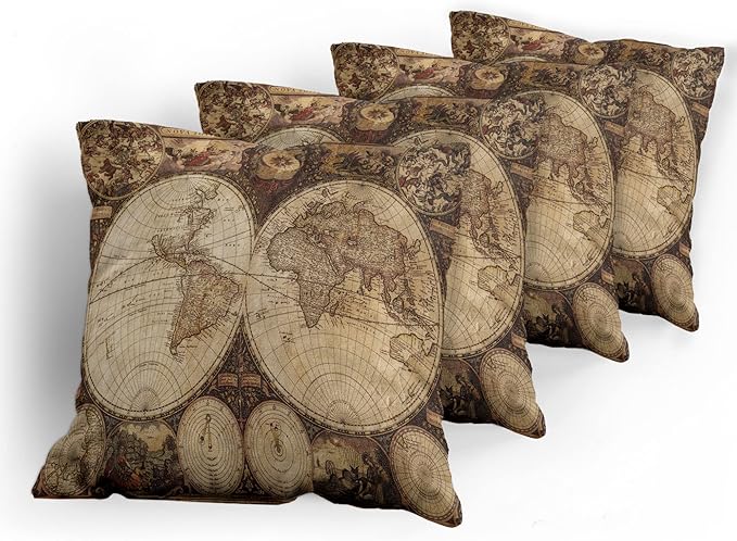 Ambesonne World Map Throw Pillow Cushion Case Pack of 4, Old World Map Drawn in 1720s Nostalgic Style Art Historical Atlas Vintage Design, Modern Accent Double-Sided Digital Printing, 24", Beige Brown