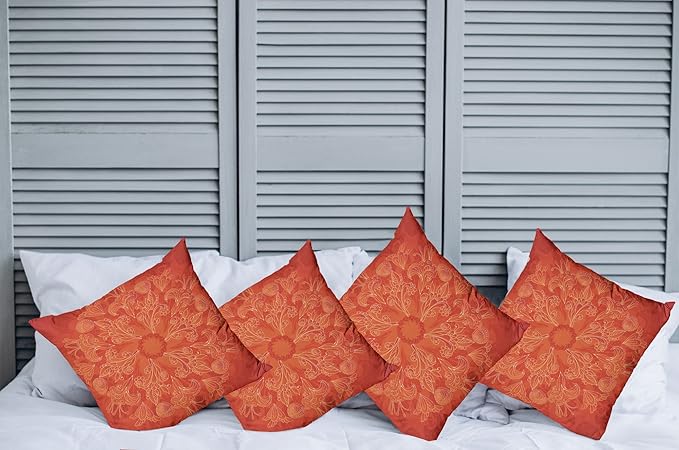 Ambesonne Red Mandala Throw Pillow Cushion Case Pack of 4, Vibrant Colored Doodle Style Nature Romantic Abstract Bouquet Art, Modern Accent Double-Sided Digital Printing, 18", Scarlet Orange