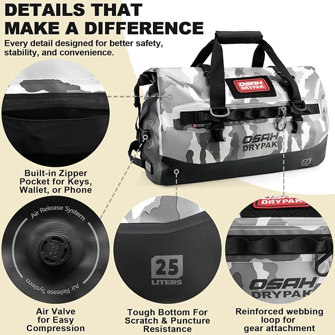 OSAH DRYPAK Waterproof Duffel Bag 25L/40L/60L – Heavy-Duty Motorcycle Tail Bag, Roll-Top Dry Bag for Travel, Camping, Boating, Kayaking, Outdoor Adventure