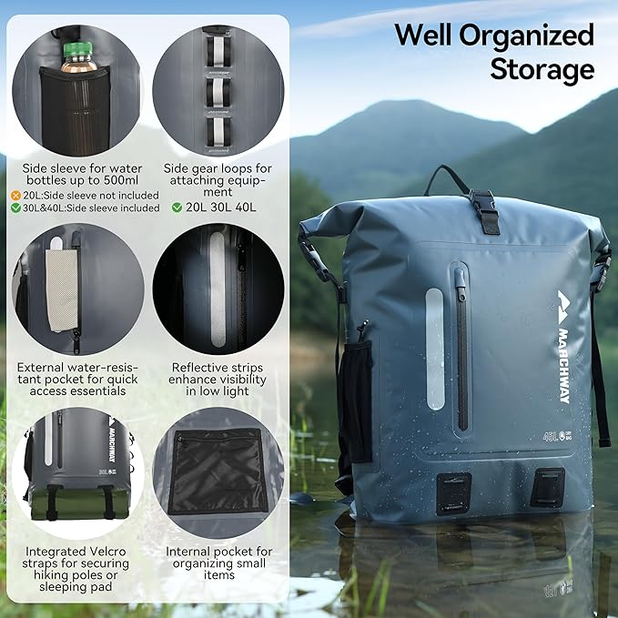 MARCHWAY Roll Top Waterproof Backpack, Floating Dry Bag 20L/30L/45L with Ergonomic Rectangular Base, Cushioned Back, Hip Strap for Hiking Camping Kayaking Travel (Grey, 30L)