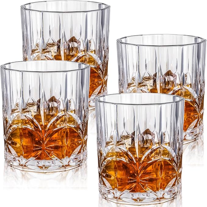 4 Sets Plastic Whiskey Glasses 14 oz Unbreakable Whiskey Drinking Glasses Old Fashioned Cocktail Cups Plastic Water Tumblers Clear Wine Cup Shatterproof Short Tumbler for Indoor Outdoor