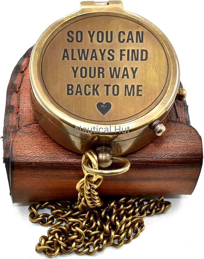 So You Can Always Find Your Way Back Home Engraved Brass Compass with Leather Case & Chain, Vintage Pocket Compass Gift for Men, Husband, Son, Graduation, Hiking, Anniversary, Navigation Compass