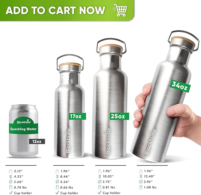 Blockhütte Vacuum Insulated Stainless Steel Water Bottle - 17 oz I Wide Mouth Metal Bottle for hot and cold drinks I BPA-Free I perfect for Travel, School I Kids, Adults, Water Canteen, Sports, flask