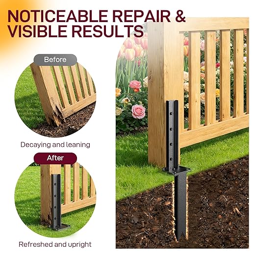 Goovilla Fence Post Repair Kit, 2Pcs Heavy Duty Fence Post Anchor Ground Stakes, Robust Quick-Fix Wood Support for Broken/Leaning/Tilted/Degraded Wood with Gloves/Installation, Easy to Install,Black