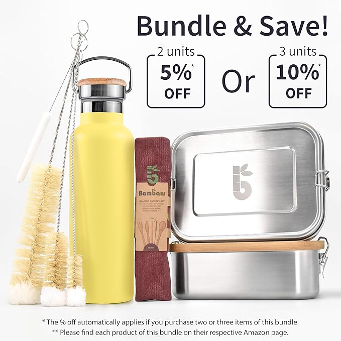 Bambaw 32 oz Stainless Steel Water Bottle, Insulated Metal Water Bottle Made of High-Grade Stainless Steel, Great for Travel, Gym & School, Durable & Reusable (Yellow Beam)