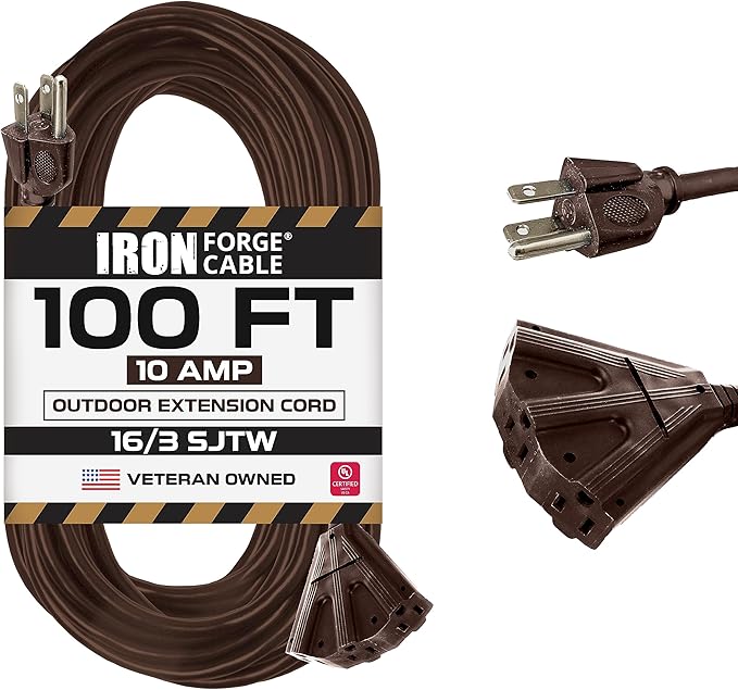 Iron Forge Cable 100ft Brown Outdoor Extension Cord with 3 Outlets - 16/3 SJTW 100ft Extension Cord 3 Prong, 13 Amp All-Weather Heavy Duty Power Cable