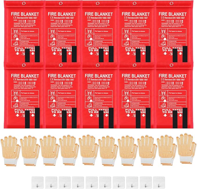 30 Pcs Emergency Fire Blankets for Home and Kitchen 40x40 Inch 10 Fiberglass Fire Suppression Blankets with 10 Fireproof Gloves & 10 Hooks for House Grill Fireplace Camping Car Warehouse Safety
