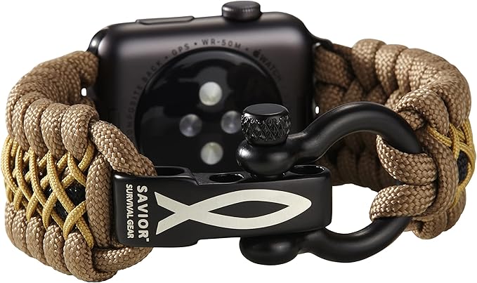 Savior Survival Gear Paracord Watch Band,Compatible with Apple Watch Band 49mm 46mm 45mm 44mm 42mm - iWatch Band Series Ultra 10 9 8 7 6 5 4 3 2 1 SE,Adjustable strap for men(Brown-Khaki-Black, Large)