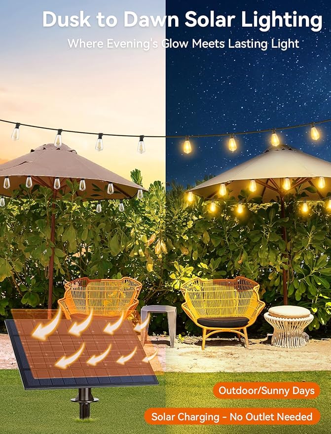 Brightever 120FT Solar String Lights Outdoor Waterproof, Patio Lights Solar Powered with Remote, 50+2 Shatterproof ST38 LED Bulbs, Dimmable&3 Lighting Modes, Hanging Outdoor Lights for Outside, Party