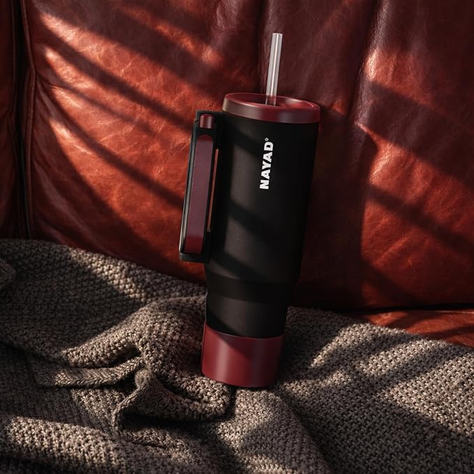 NAYAD 40oz Travel Tumbler with Handle and Straw|Cup Holder Friendly Insulated Stainless Steel Dual Straw-Sip Lid Folding Handle Cupholder Compatible for Travel or Gift| BPA-Free (Black)