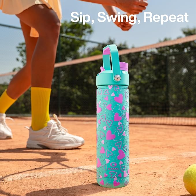 ENCOOL Valentine's Day Insulated Water Bottle with Straw Stainless Steel Water Bottle, Leak-Proof, BPA-Free, Keeps Cold for 24 Hours for Sports, Travel, School (26 oz, Sweet Hearts Violet x Mint)
