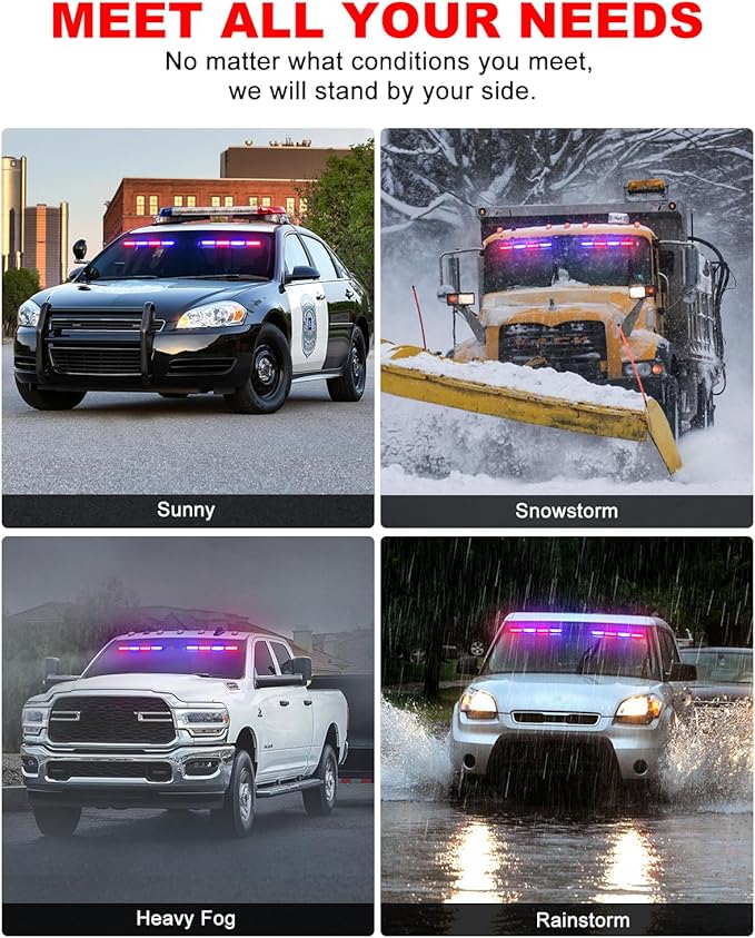 HLauto 6Z4J Emergency Dash Strobe Lights: 2x16.8 inch Red Blue Safety Lights, 48 LED Flashing Warning Hazard Interior Windshield Visor Traffic Light Bar for Trucks, Construction Vehicles