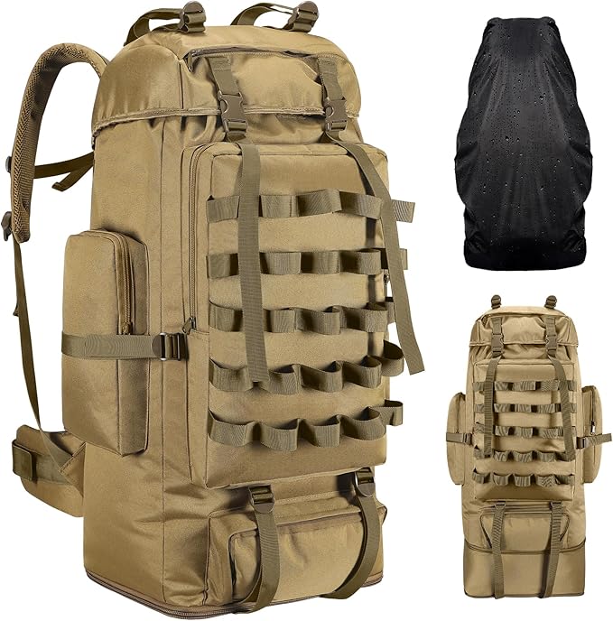 70L/100L Camping Hiking Backpack with Rain Cover, Expandable Large Military Tactical Backpack, Waterproof Molle Racksack Travel Backpacking Daypack for Climbing Trekking (Khaki)