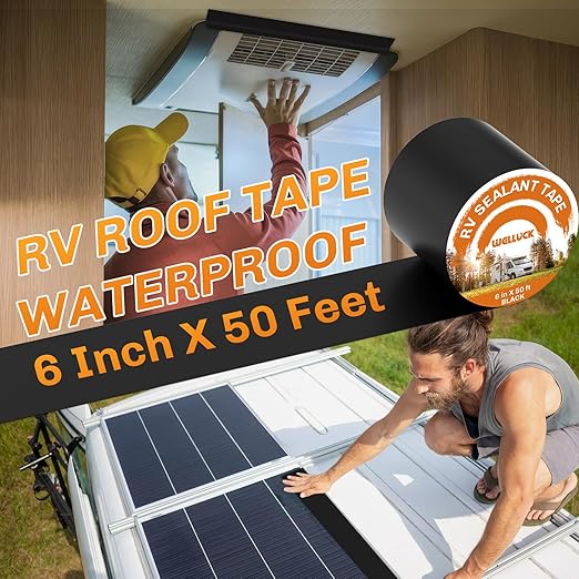 WELLUCK Butyl Sealant Tape, 6 Inch X 50 Foot RV Roof Tape Sealant Roofing Tape Black, Waterproof &UV RV Tape for Roof Camper Trailer Boat Sealing Leak Repair