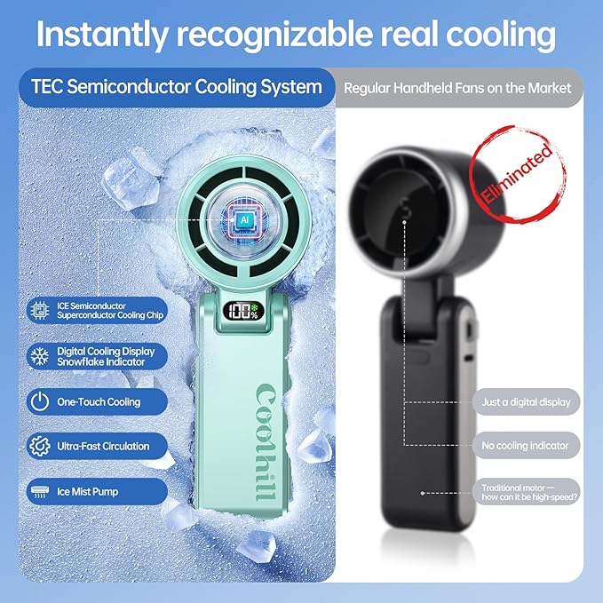 Handheld Portable Fan with Ice Cooler: 199-Speed 5500mAh Rechargeable Handheld Fan, 12H Time Hand Cooling Personal Fans with 20000 RPM Air Turbo Tech for Travel Outdoor (Green)