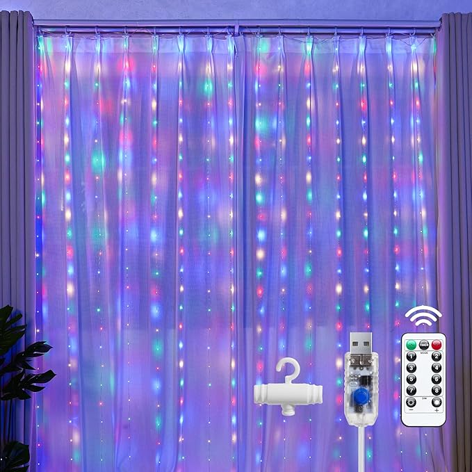 Brightown 300 LED Fairy Curtain Lights, Curtain String Lights, USB Plug in 8 Lighting Modes Christmas Decoration, Hanging Lights with Remote for Bedroom Indoor Weddings Dorm Multicolor 1 Pack