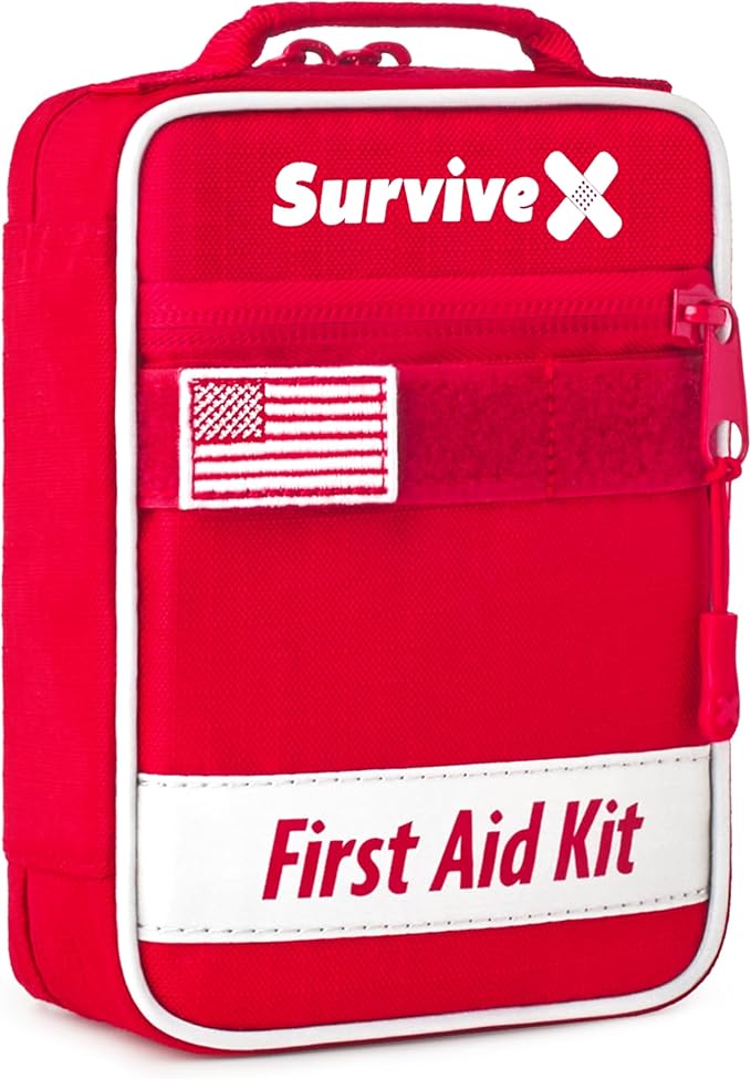 SurviveX Small First Aid Kit for Car, Travel & Home - Emergency Kit for Hiking, Camping, Backpacking and Outdoors - Includes Zip Stitch Wound Closure Strips
