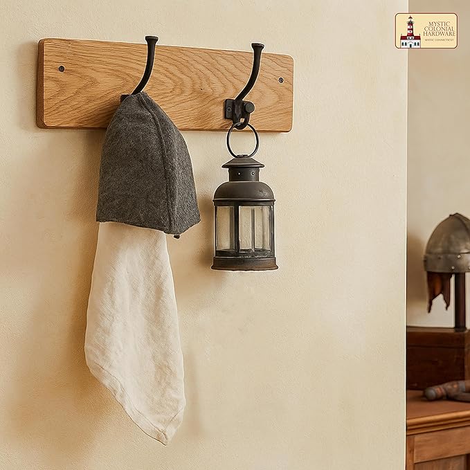 Mystic Colonial Medieval Rustic Cast Iron Wall Hooks (4 in x 3 in) Vintage Black Coated Double Coat & Hat Hook Hangers | Heavy-Duty Farmhouse, Gothic & Modern Decor - Pack of 10