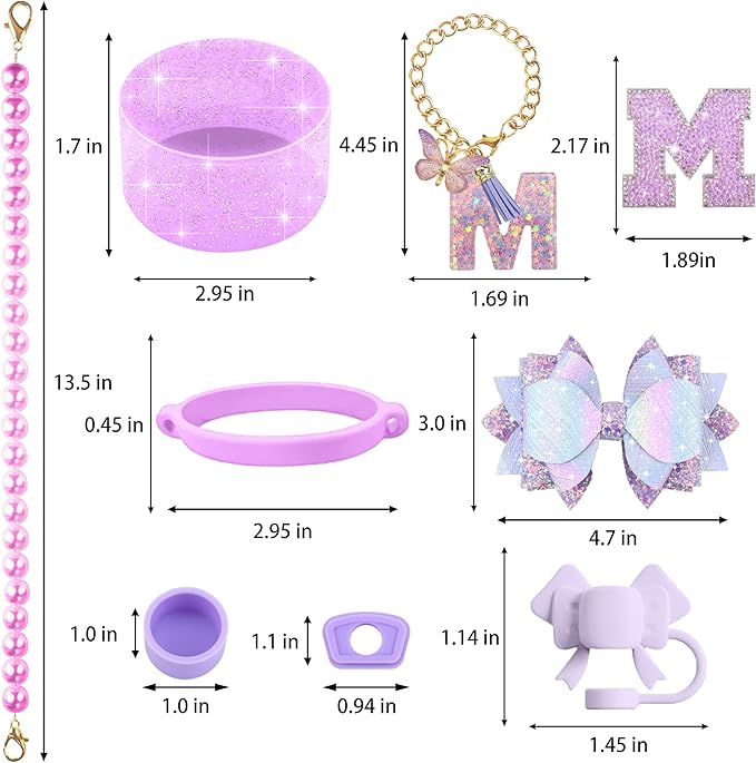9PCS Purple for Stanley Cup Accessories Set Bling Initials Bow Charms for Stanley Decorations 30/40 Oz Tumbler Accessories Including Bow Straw Topper, Handle Strap, Spill Stopper（Letter M）