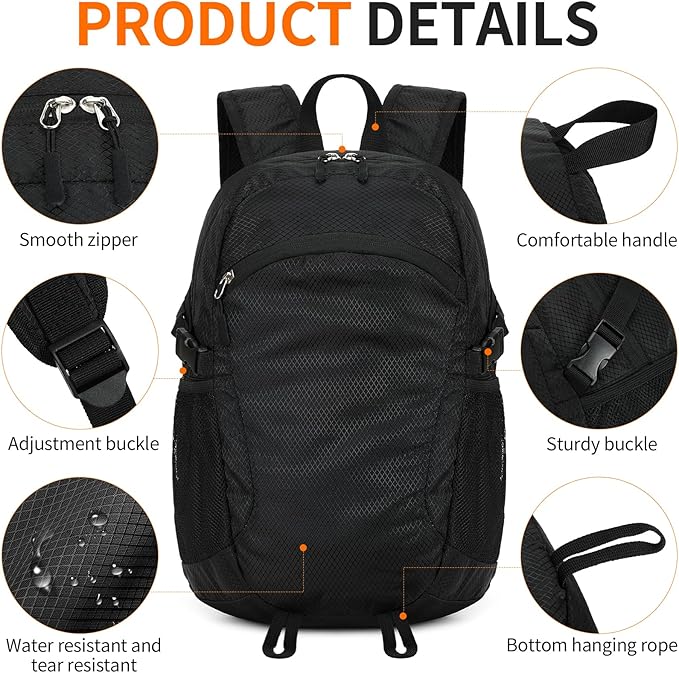 Small Hiking Backpack Travel Lightweight Hiking Packable Daypack Water-Resistant Foldable Backpacks 15L for Travel Women Men Camping (Black)