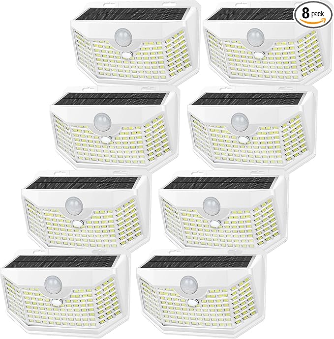 HMCITY 120 LED Solar Lights Outdoor with Motion Sensor and 3 Lighting Modes, IP65 Waterproof Wide Solar Wall Lights Ideal for Garden Patio Yard (Front Button 8Packs, White Shell-Daylight White)
