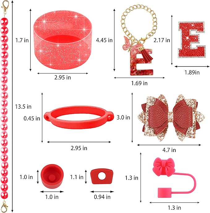 9PCS Red for Stanley Cup Accessories Set Bling Initials Bow Charms for Stanley Decorations 30/40 Oz Tumbler Accessories Including Bow Straw Topper, Handle Strap, Spill Stopper（Letter E）