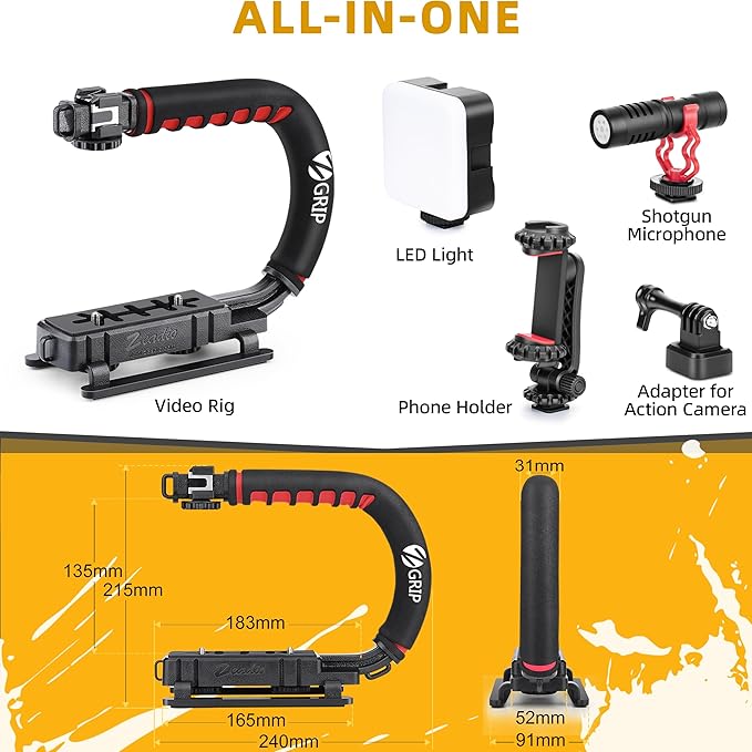 Zeadio Camera Stabilizer Kit, All-in-One Handheld Stabilizer with LED Video Light, Microphone, Phone Holder & Action Camera adaper, Fits for All Camera, DSLR, Action Camera and All Smartphones