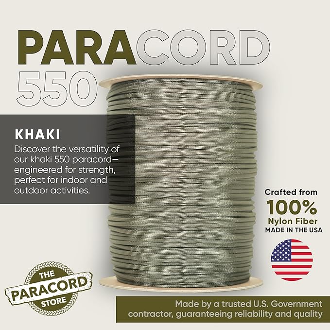 The Paracord Store | Type III 550 Paracord - 1000 FT Spool, Khaki | Heavy Duty 7 Strand Tactical Paracord - USA Made Nylon Outdoor Parachute Cord for Camping, Fishing & More - Survival Cord