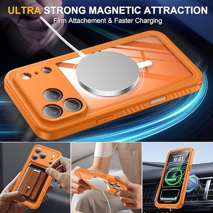 ANTSHARE for iPhone 17 Pro Max Case, Compatible with Magsafe, IP68 Waterproof Case, [Built-in Screen Protector] - 12 FT Military Dropproof - Full Body Heavy Duty Rugged Phone Cover - Orange/Clear