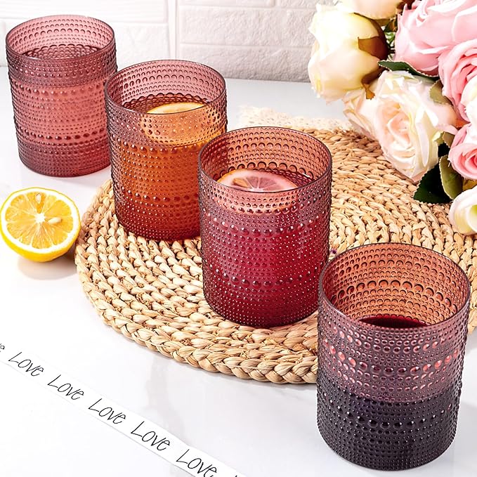 18PCS Plastic Hobnail Drinking Glasses - 14 Oz Burgundy Vintage Glasses Mixed Drinkware Sets - Disposable Beaded Cups for Beer, Whiskey, Juice, Cocktail, Wine, Party