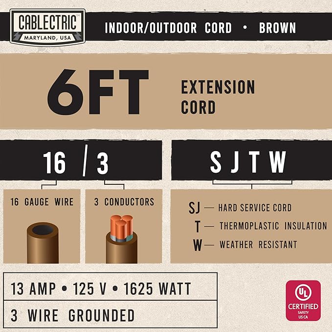 Brown Outdoor Extension Cord 6 Ft, 16/3 Heavy Duty Cable with 3 Prong Grounded Plug, 13 AMP for Garden, Lawn, Landscaping, Tools & Appliances, 6 Ft Extension Cord 3 Prong