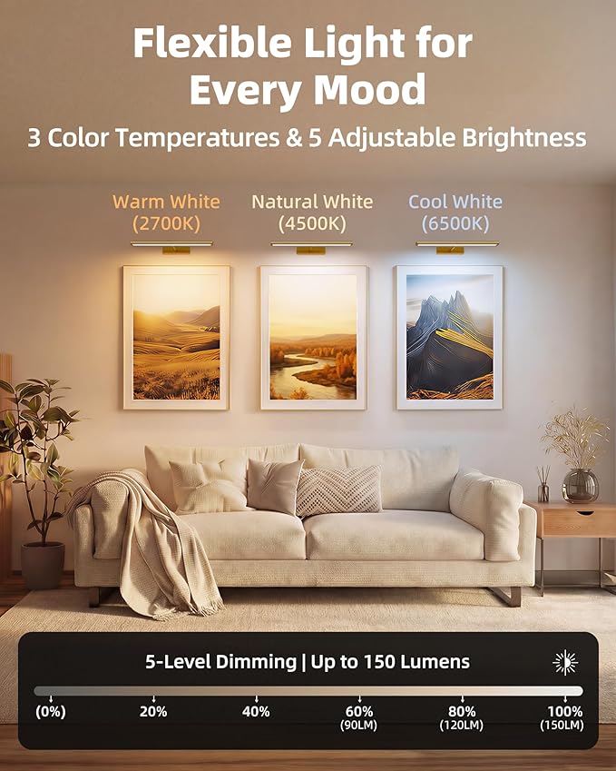 EZVALO Picture Light for Wall, 4800mAh Rechargeable Wireless Remote, Dimmable Magnetic LED Art Display Light with 3 Color Temperatures, for Gallery, Living Room, Bedroom, Hallway (Gold-2Pack)