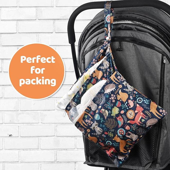 2pcs Cloth Diaper Wet Dry Bags Waterproof Reusable with Two Zippered Pockets Travel Beach Pool Daycare Soiled Baby Items Yoga Gym Bag for Swimsuits or Wet Clothes-Animal