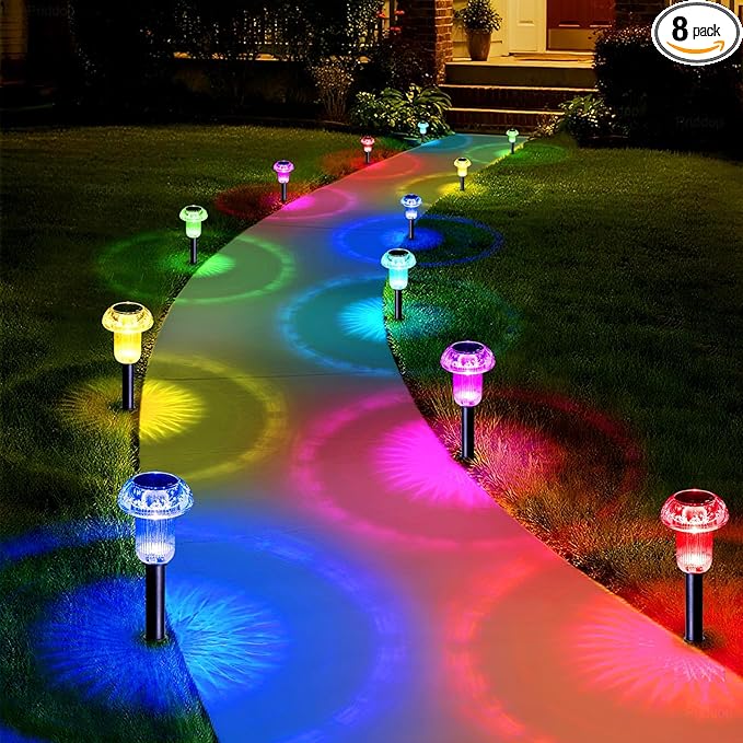 Priddop Solar Lights Outdoor Pathway Waterproof 8 Pack Color Changing LED Acrylic Mushroom Decorative Garden Lights for Yard Landscape Patio Outside Decorations