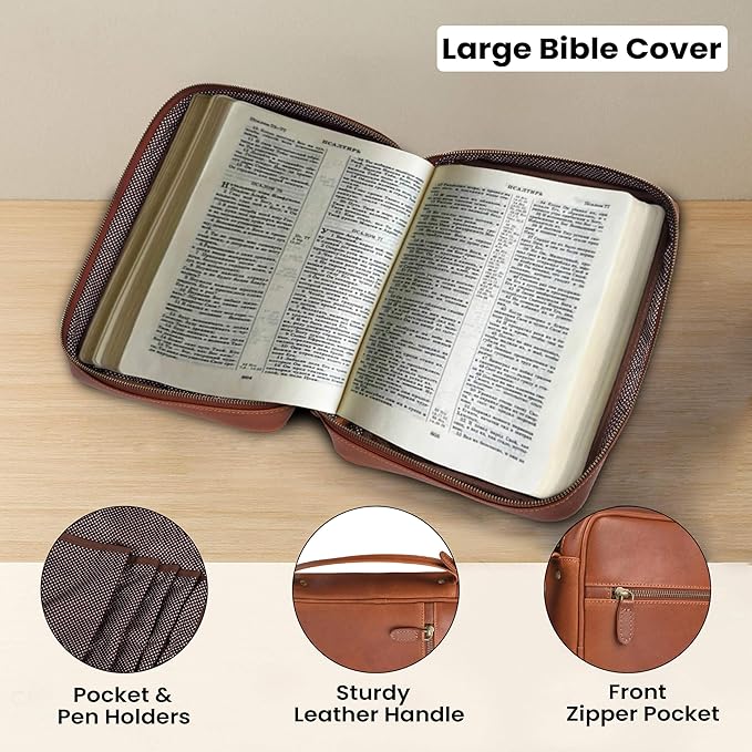 LEATHER VILLAGE Genuine Leather Bible Cover with Zipper for Men & Women - Large Bible Case Carrying Bag Book Cover & Organizer with Handle and Pockets - Leather Bible Covers for Church Study - Tan