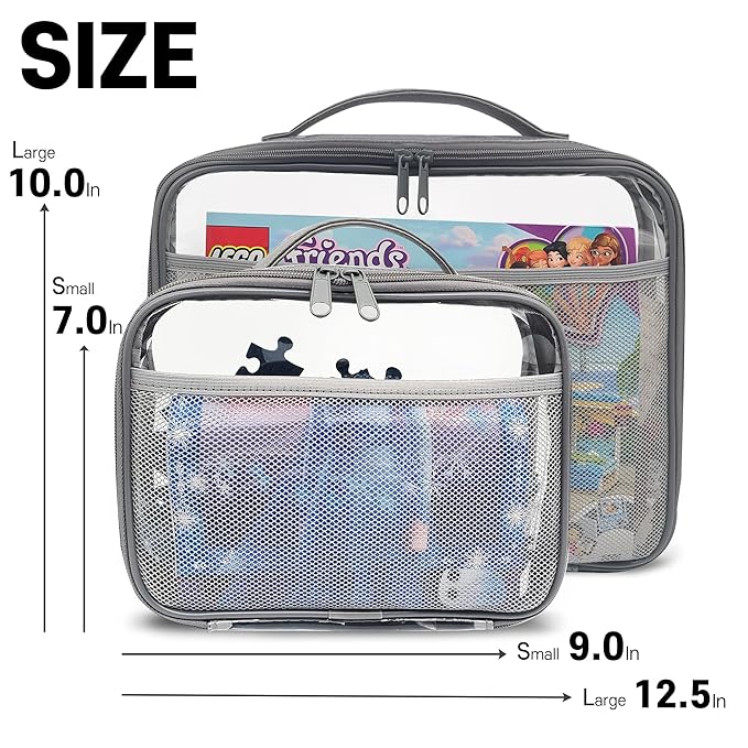 holay 4 Packs PVC Toy Storage Organizer with Zipper, Name Tag & Manual Pocket, Clear Durable Case for Blocks, Clay, Board Games, Travel (Gray, Small)