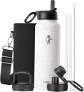 Coolflask Water Bottle 40 oz Insulated with Straw, Stainless Steel Metal 3 Lids Water Flask for Sports or Office, Keep Cold 48H Hot 24H, Arctic White
