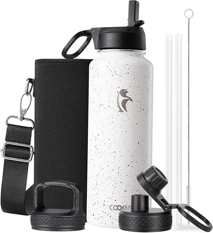 Coolflask Water Bottle 40 oz Insulated with Straw, Stainless Steel Metal 3 Lids Water Flask for Sports or Office, Keep Cold 48H Hot 24H, Arctic White