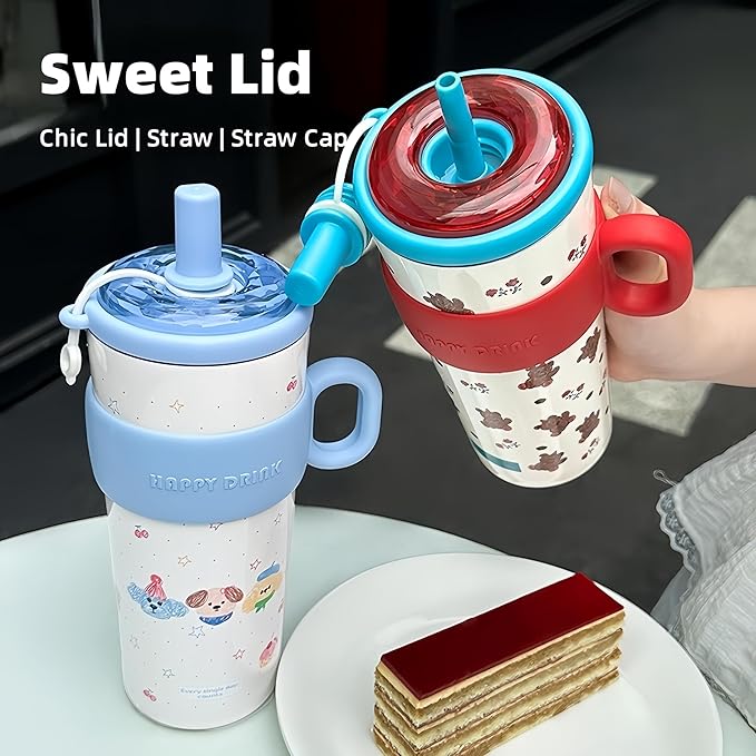 21oz Cute Bear Car Cup with Straw & Cap, Leak-Proof Portable Mug with Tea Strainer, Insulated for Hot/Cold - Ideal for Car, Office, Outdoor (Red)